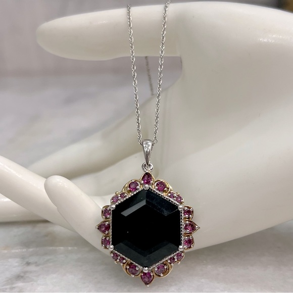 Black Tourmaline Rhodolite Garnet 14K YG Sterling Silver Pendant Necklace - Picture 4 of 13